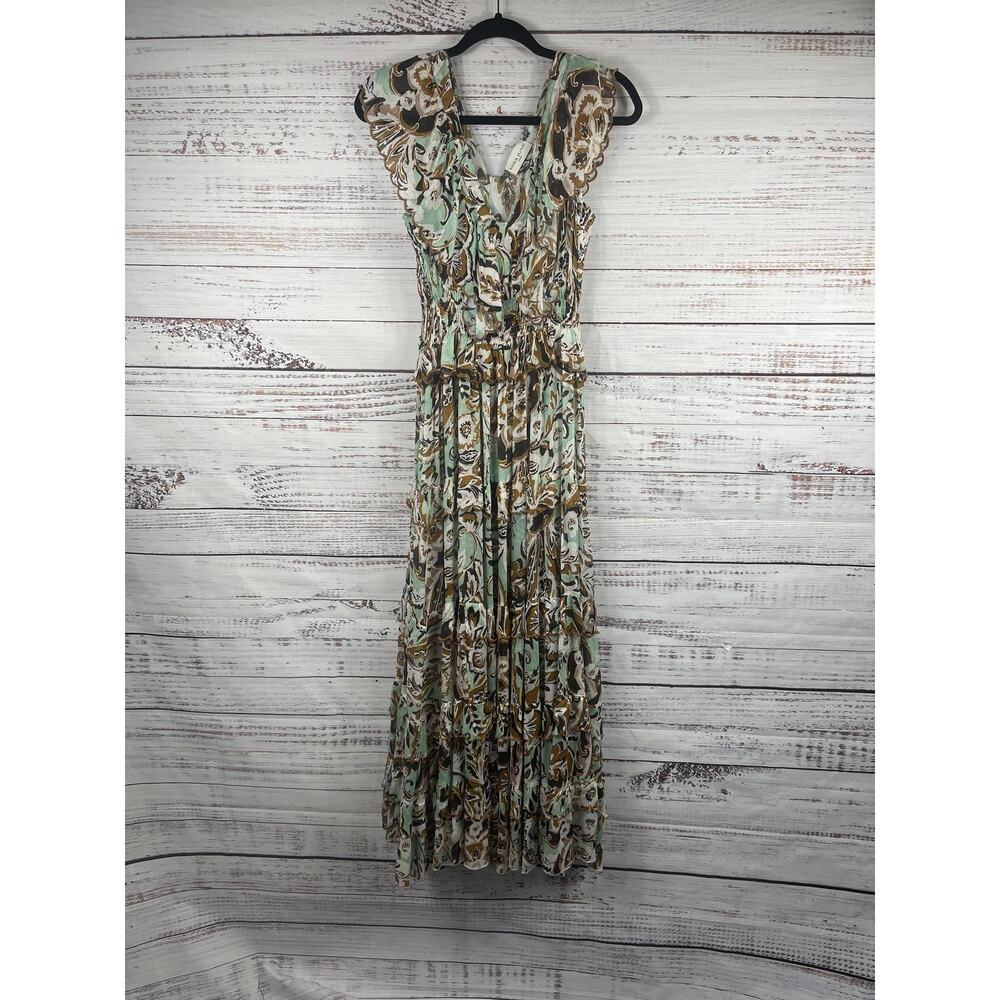 Miss June Getty Dress Women's Size S Aqua Brown Paisley Maxi Boho Beach Resort